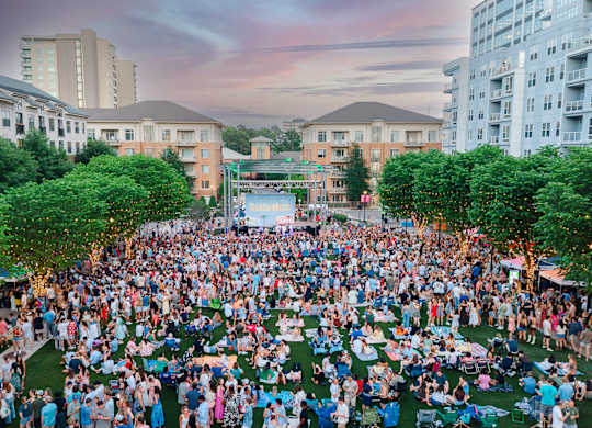 A large crowd of people gathered in a park-like setting.