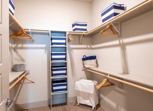 Spacious Walk-In Closet with Built-In Shelving and Ample Hanging Space