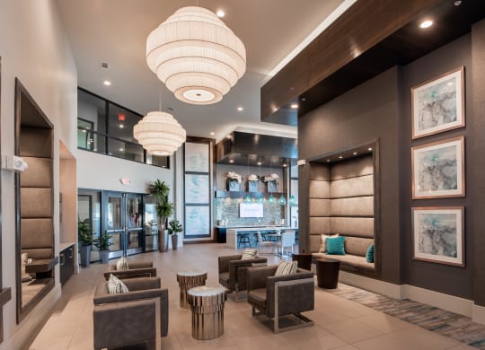 Modern Welcome Lobby with Gathering Spaces and Designer Lighting