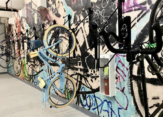On-Site Indoor Bike Storage at Domain at The Gate with Artistic Mural Wall