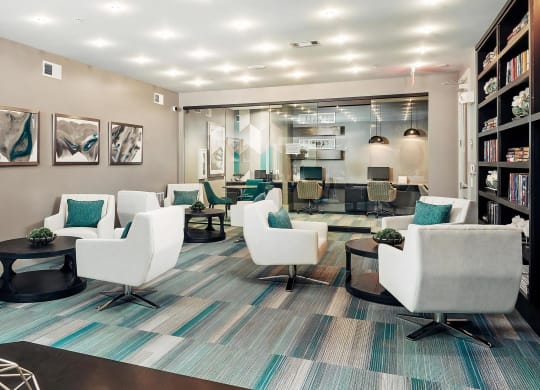 Clubhouse Lounge with Modern Seating and Glass-Enclosed Business Center