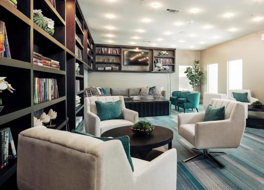 Clubhouse Lounge with Library Wall and TV Entertainment Area