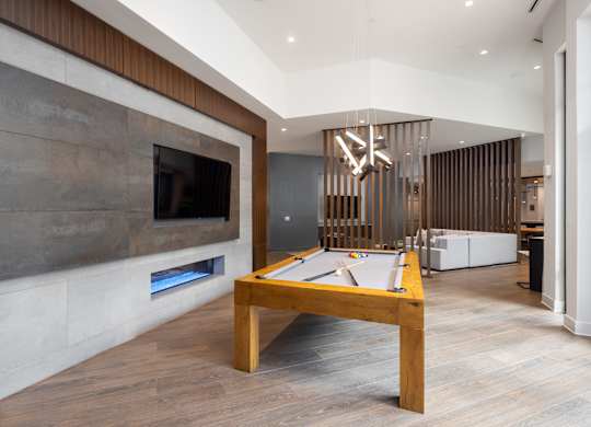A billiard table in a room with a fireplace and a TV.