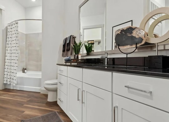 Apartment Bathroom Featuring Shower and Cabinetry Storage