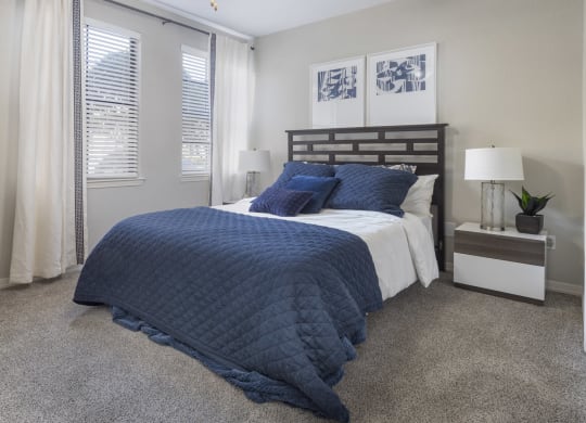 a bedroom with a bed and two windows