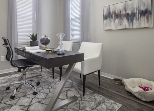 a home office with a desk and chairs and a rug