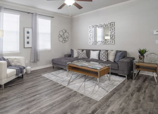 a living room with a couch and a table