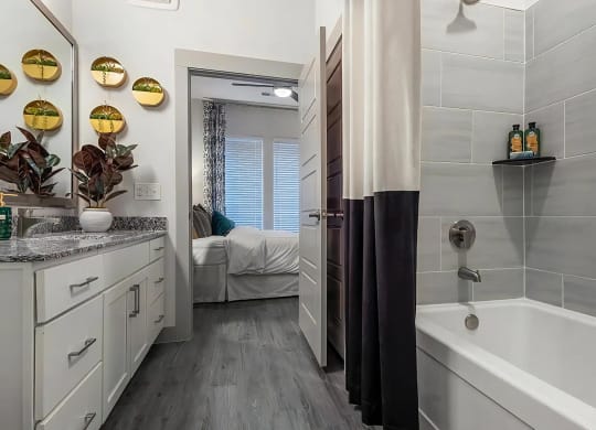 Tub and Vanity Bathroom With Granite Countertops and Bedroom Access