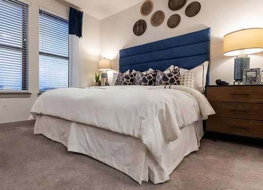 Spacious Carpeted Bedroom Featuring Large Windows and Soft Lighting