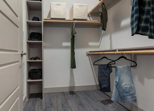Spacious Walk-In Closet with Built-In Shelving and Ample Hanging Space