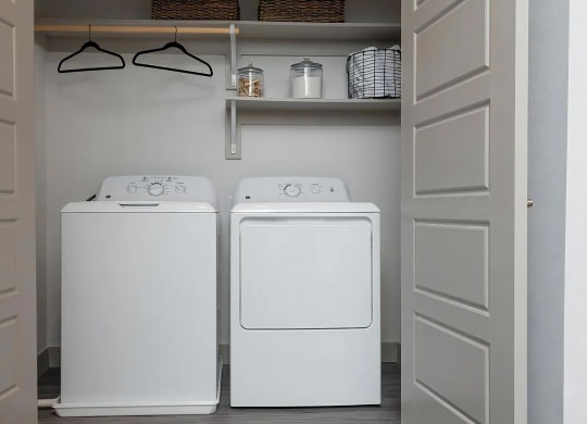 In-Unit Laundry with Full-Size Washer and Dryer and Built-In Shelving