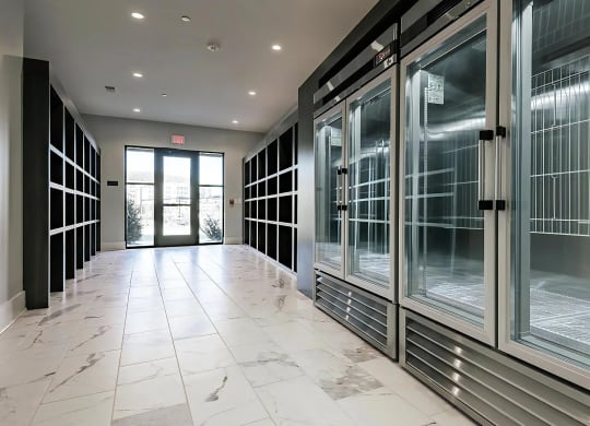 Clubhouse Room with Industrial Refrigerators and Package Shelves