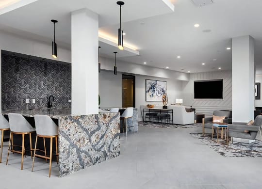 Multi-Use Community Lounge with Game Tables and Bar Area