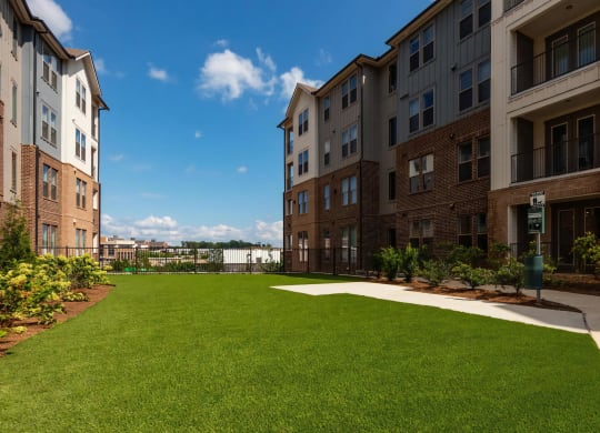 Pet-Friendly Grass Courtyard with Sidewalk and Dog Amenities