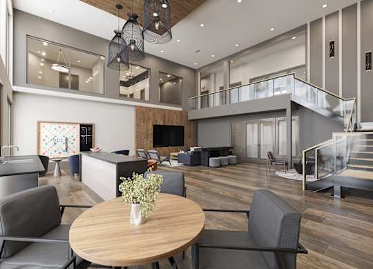 a living room and dining room with a table and chairs