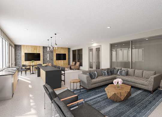 a rendering of a living room with couches and a table