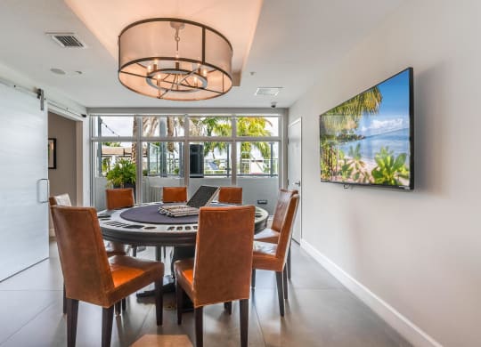 Private Event Room Featuring Leather Chairs, Wall-Mounted TV, and Outdoor Views