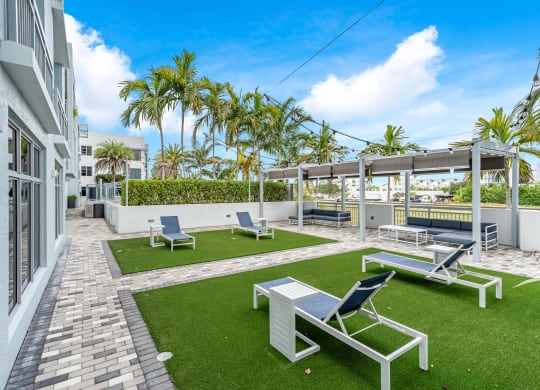 Tree-Lined Lounge Courtyard with Paved Walkways and Multiple Seating Zones