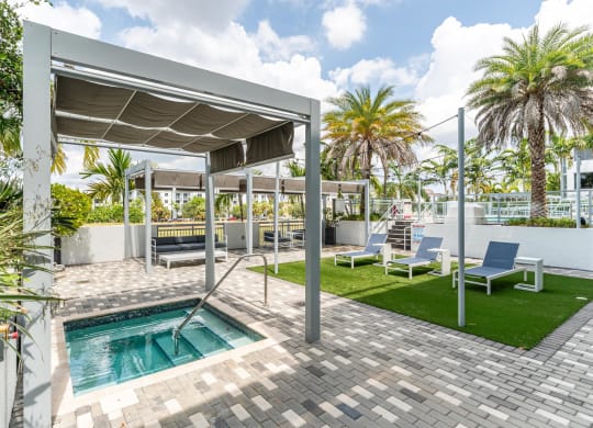 Courtyard View With Lounge Seating and Shade Structures