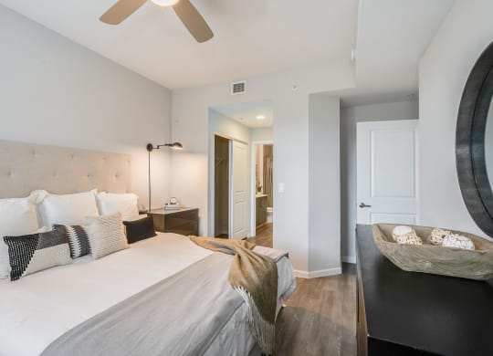Bedroom with Ceiling Fan, Walk-In Closet, and Access to Attached Bathroom