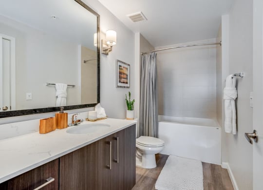 Walk-In Bathroom with Wide Framed Mirror, White Countertop, Tub, and Storage Under Sink