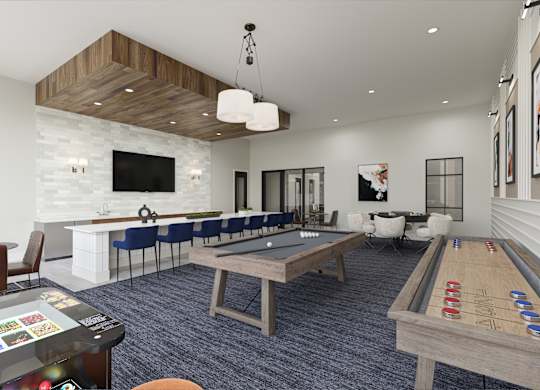 a clubhouse with a pool table and a bar and a television