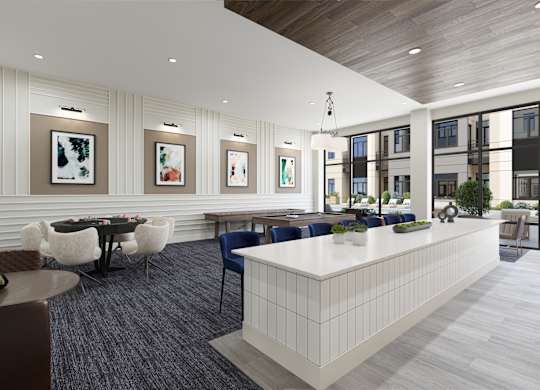 a rendering of a communal area with a table and chairs and a reception desk
