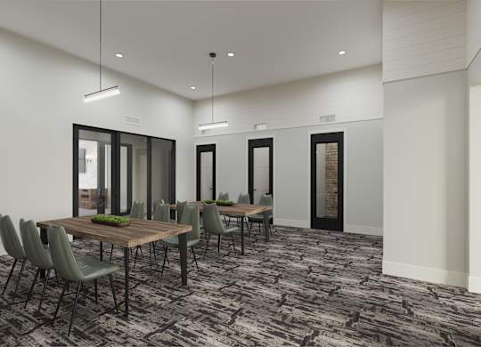 a conference room with a table and chairs