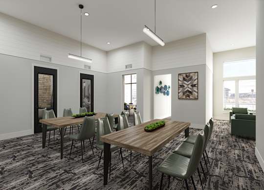 a rendering of a conference room with a wooden table and chairs
