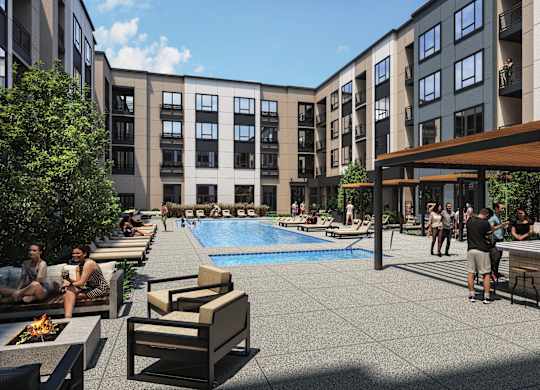 a rendering of an apartment building with a swimming pool