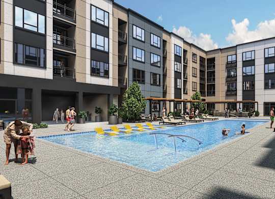 a rendering of an apartment building with a swimming pool
