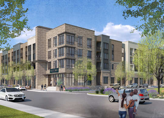 a rendering of a large building with cars on the street