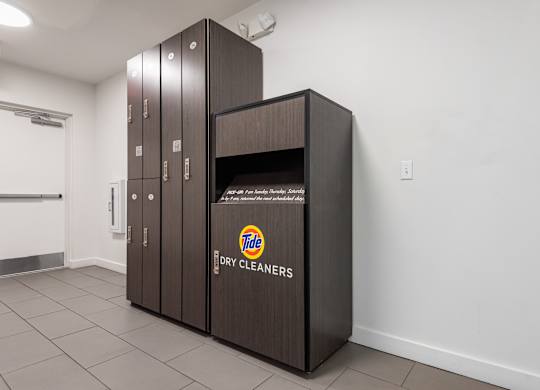 A tall brown cabinet with a Tide logo on the front.
