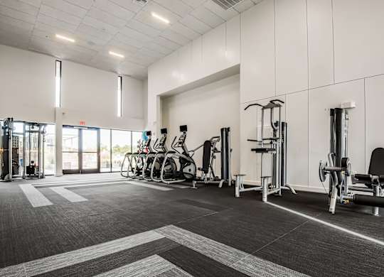 A gym with a variety of equipment including treadmills, weights, and exercise machines.
