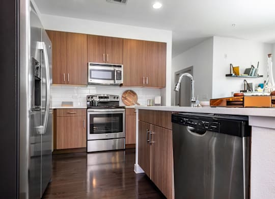 A woman is standing in a kitchen with a stainless steel dishwasher.