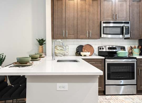Modern Kitchen with Stainless Steel Appliances and Dark Wood Cabinets