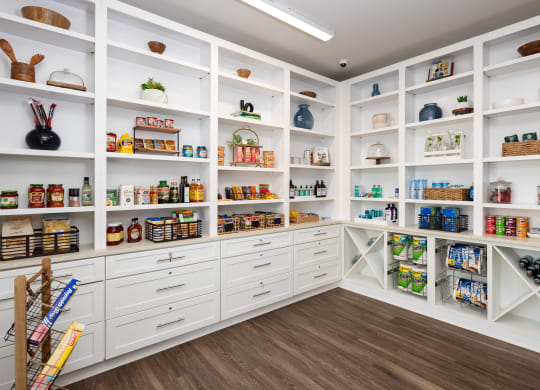 a large white pantry with shelves and drawers