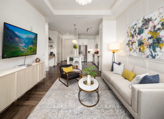 living room with sofa, table, chair, rug and TV on wall