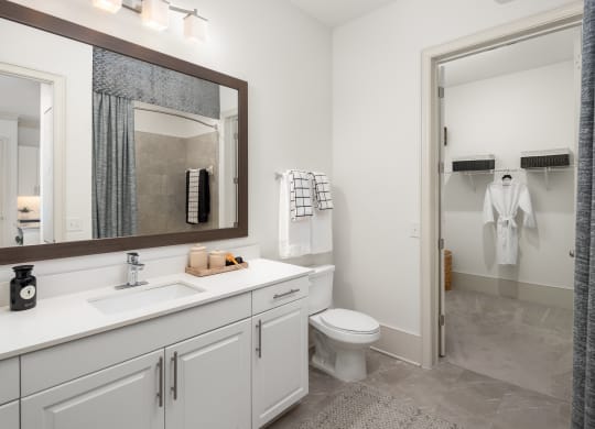 a bathroom with two sinks and a mirror and a toilet