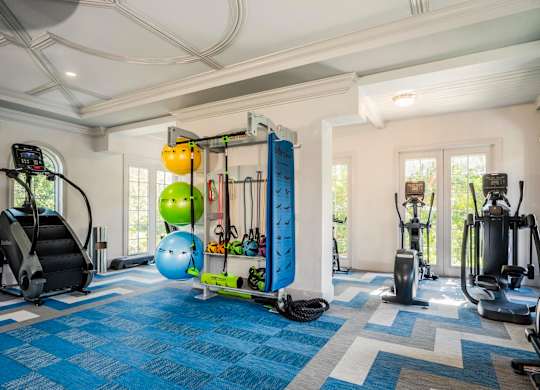 Modern gym featuring resistance bands, balance balls, and cardio machines with natural light.