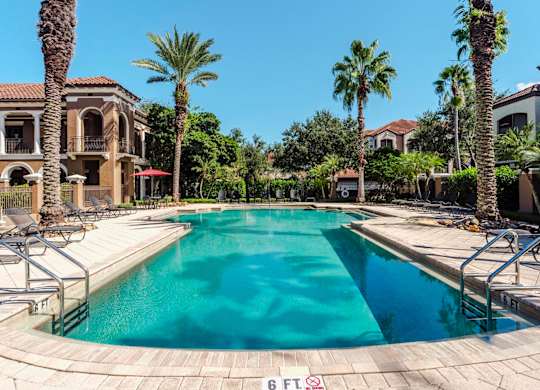 Large lap-style pool with wide sun deck and tall palms