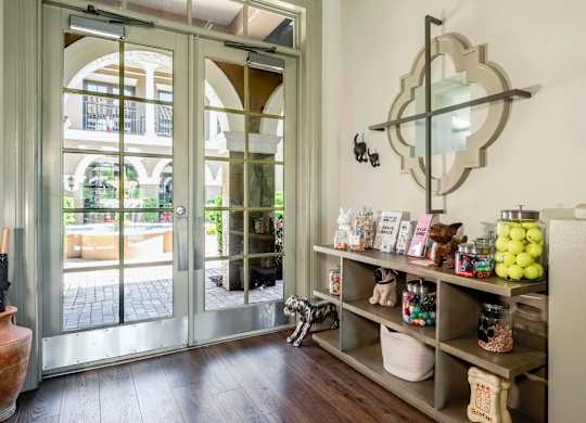Pet-friendly amenity station offering treats, toys, and essentials for residents’ furry friends.