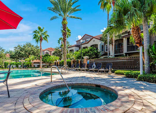Outdoor spa and pool surrounded by palm trees and lounge seating.