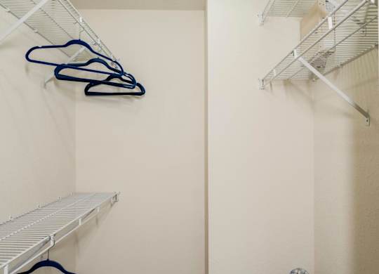 Walk-in closet with shelving and hangers