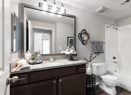 Mesa Verde Bathroom Upgraded Bathroom with Granite Vanity Framed Mirror Curved Shower Curtain Rod