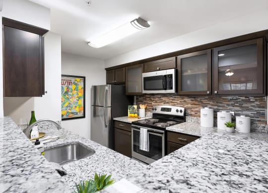 Mesa Verde Kitchen Upgraded Kitchen with Bar Top Granite Countertops Shaker Cabinets Stainless Appliances Undermount Sink