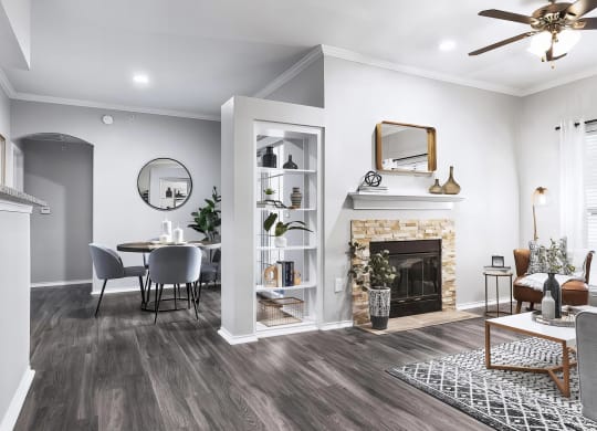 Mesa Verde Rooms Open Floorplan with Living Room Dining Area Fireplace and Built in Shelves