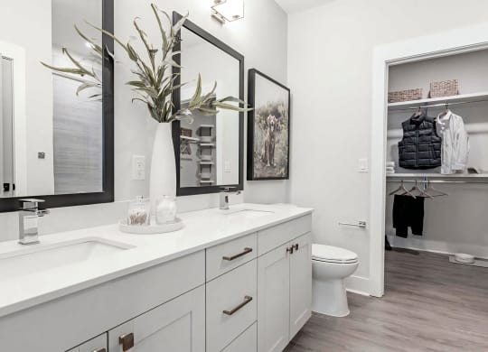 Luxurious bathroom with double vanity and spacious walk-in closet at Novel Cary
