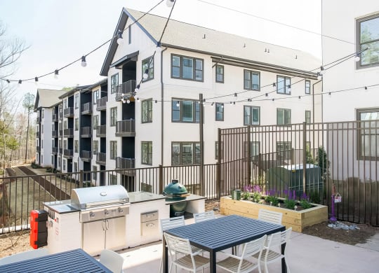 Spacious outdoor grilling station with two grills and herb planters at Novel Cary