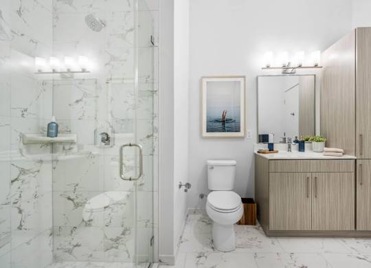 A bathroom with a marble shower, toilet, and sink.